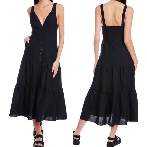 A.L.C. Dresses & Skirts - A.L.C. Jolie Silk & Linen Blend Tiered Button Front Midi Dress in Navy Blue Sz 2